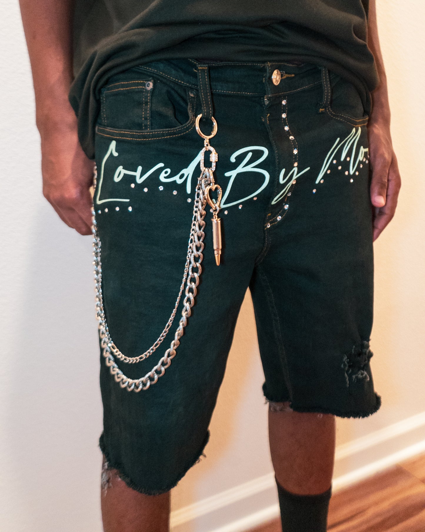 “Signature” Gold Reflective Denim Shorts